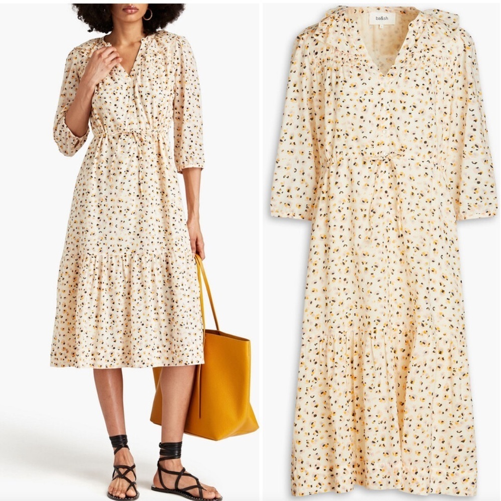 BA&SH Bowie ruffled printed‎ Cotton Blend midi Dress Women’s Sz 3